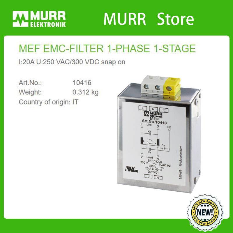 10416 MURR MEF EMC-FILTER 1-PHASE 1-STAGE I:20A U:250 VAC/300 VDC snap –  MURR Store