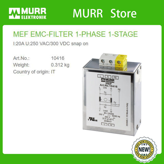 10416 MURR MEF EMC-FILTER 1-PHASE 1-STAGE I:20A U:250 VAC/300 VDC snap on 100% NEW