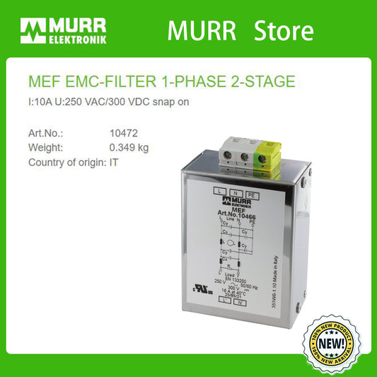 10472 MURR MEF EMC-FILTER 1-PHASE 2-STAGE I:10A U:250 VAC/300 VDC snap on 100%NEW