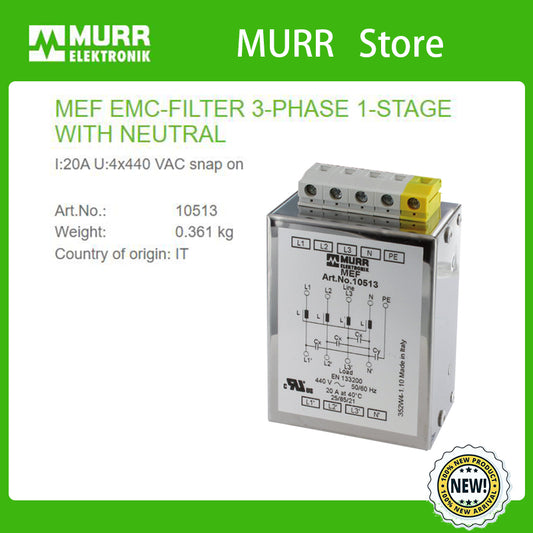 10513 MURR MEF EMC-FILTER 3-PHASE 1-STAGE WITH NEUTRAL I:20A U:4x440 VAC snap on 100%NEW