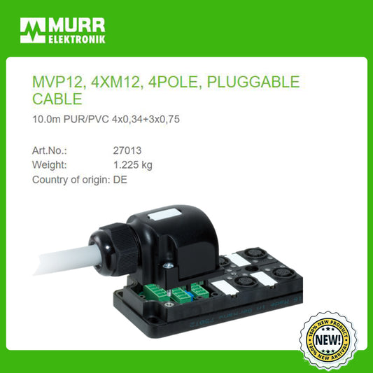 27013 MURR MVP12, 4XM12, 4POLE, PLUGGABLE CABLE 10.0m PUR/PVC 4x0,34+3x0,75