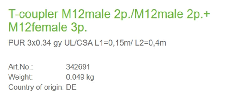 342691 MURR T-coupler M12male 2p./M12male 2p.+ M12female 3p. PUR 3x0.34 gy UL/CSA L1=0,15m/ L2=0,4m  100% NEW
