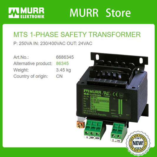 6686345 MURR MTS 1-PHASE SAFETY TRANSFORMER P: 250VA IN: 230/400VAC OUT: 24VAC  100% NEW