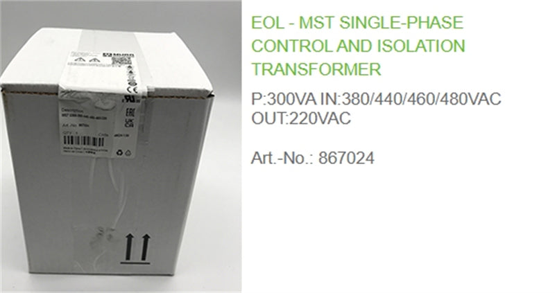 867024 MURR EOL - MST SINGLE-PHASE CONTROL AND ISOLATION TRANSFORMER P:300VA IN:380/440/460/480VAC OUT:220VAC 100% NEW