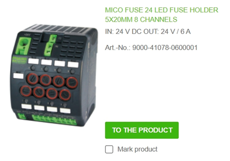 9000-41078-0600001 MURR MICO FUSE 24 LED FUSE HOLDER 5X20MM 8 CHANNELS IN: 24 V DC OUT: 24 V / 6 A  100% NEW