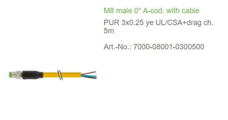7000-08001-0300500 MURR M8 male 0° A-cod. with cable PUR 3x0.25 ye UL/CSA+drag ch. 5m  100% NEW